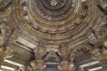 Carved ceiling of the Sun Temple. Built in 1026 - 27 AD during the reign of Bhima I of the...