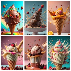 collage of six various  ice creams, summer and sweet food concept, created with Generative AI technology