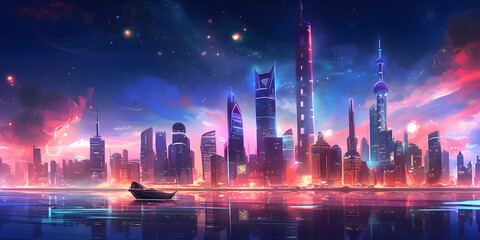Fantasy night city, nightcore style,  nightcore background