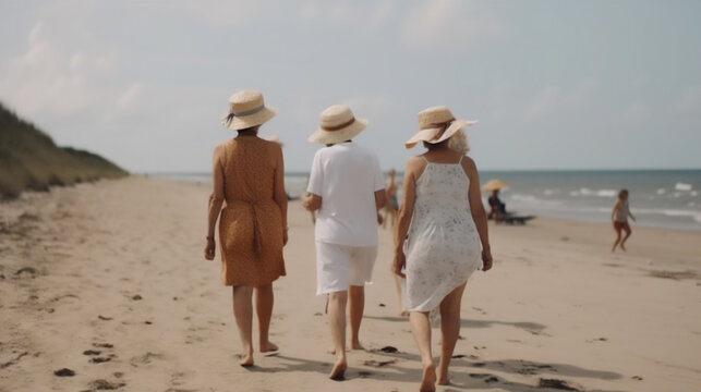 elderly women in swimsuits and caps walk along the beach near the sea, Generative AI