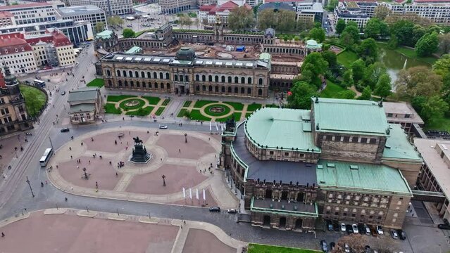 Drone shot of Theater square ( Theaterplatz )  . It is a historic square in the city. It is located in the west of the inner old town , Dresden , Germany .
