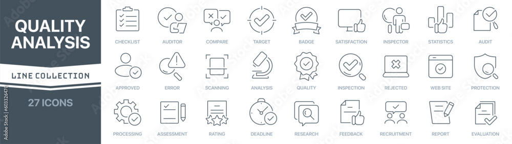Aufkleber Quality and analysis linear signed icon collection. Signed thin line icons collection. Set of quality and analysis simple outline icons