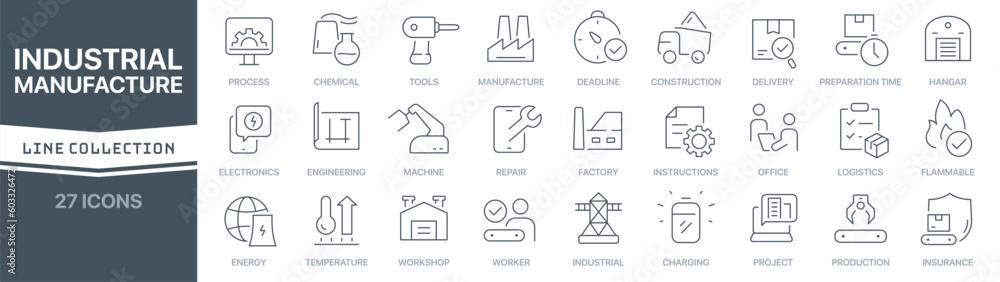 Poster industrial and manufacture linear signed icon collection. signed thin line icons collection. set of 