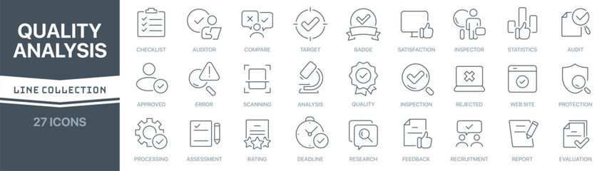 Quality and analysis linear signed icon collection. Signed thin line icons collection. Set of quality and analysis simple outline icons