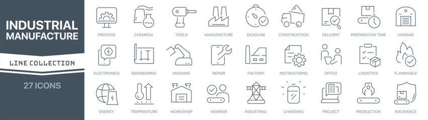 Industrial and manufacture linear signed icon collection. Signed thin line icons collection. Set of industrial and manufacture simple outline icons