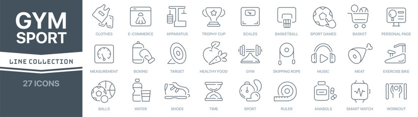 GYM and sport linear signed icon collection. Signed thin line icons collection. Set of GYM and sport simple outline icons