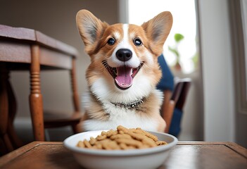 Smiling dog happy with food illustration. Ai generative.