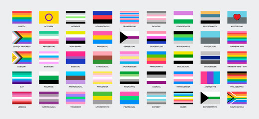 LGBTQ+ sexual identity pride flags collection. Flag of gay, transgender, bisexual, lesbian etc. Vector illustration