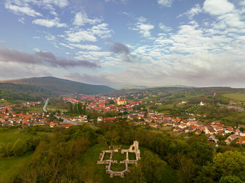 Mecseknadasd village cityscape with Schlossberg church ruins. Medieval ruins from Hungarian history. This place is there on the Mecsek mountains baranya county South Hungary.