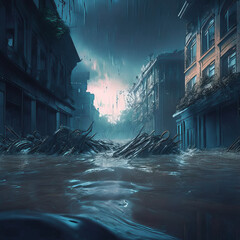 Flooding, deluge in a small town. Gloomy urban landscape. Generative AI