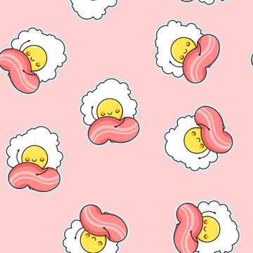Seamless pattern of fried eggs with bacon in kawaii style