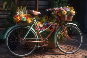 Fototapeta na wymiar Bicycle day. Menthol brown bicycle decorated with baskets of flowers on a flower bed background. Generate Ai Generative AI