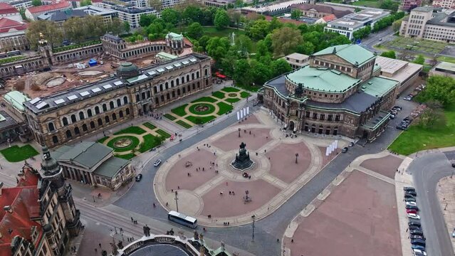 Drone shot of Theater square ( Theaterplatz )  . It is a historic square in the city. It is located in the west of the inner old town , Dresden , Germany .