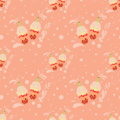 Bubble or boba strawberry tea with splashes and dots vector seamless pattern isolated on pink background.