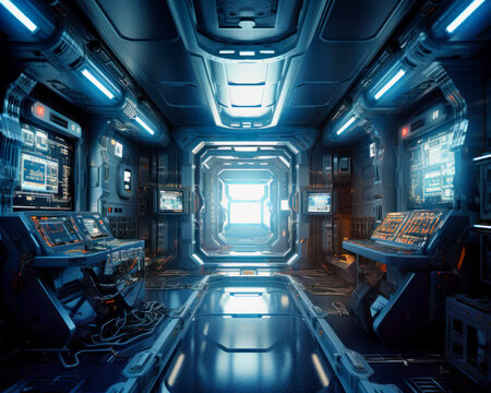 Innovative technological interior of a spaceship. Empty hall lit with neon blue light. Generative AI.