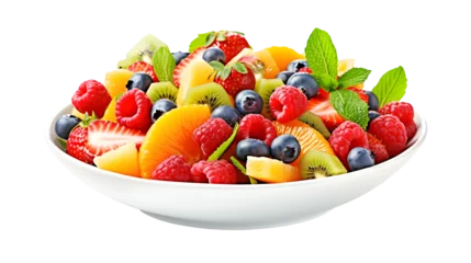Abwaschbare Fototapete Fruit salad with slices of oranges, kiwi, raspberries, strawberries, blueberries and mint in a plate isolated on transparent background. PNG format  © seralex