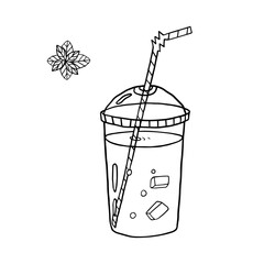 Single element of the non-alcoholic summer drink with ice cubes, straw and mint. Original doodle style. Great for banners, bar menu, seasonal design, packaging or advertising.  Vector illustration