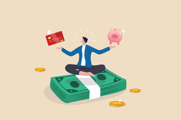 Financial discipline, saving money or investing strategy, routine or practice to invest or building wealth or pay off debt concept, ambitious man meditate on banknote with credit card and piggy bank.