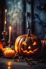 Obraz premium Halloween Pumpkin, Atmospheric gloomy Halloween background with copy space , ai generative, generative ,ai