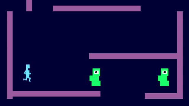 Animation of a game in 8-bit style of man running and shooting enemies in maze, vintage, pixels.