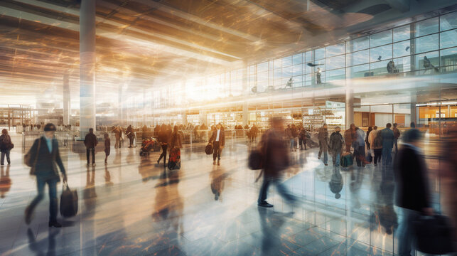 A blurred image of a busy airport terminal with people and planes