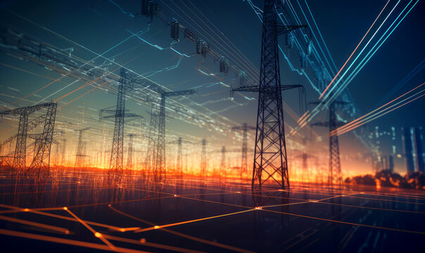 Power supports on the digital background. Energy connections concept. Low angle view. Generative AI.