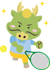 楽しそうにテニスをする龍のイラスト