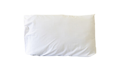 White pillow with case after guest's use at hotel or resort room isolated on white background with clipping path, Concept of confortable and happy sleep in daily life