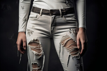 close up view of really torn jeans on a model, ai tools generated image