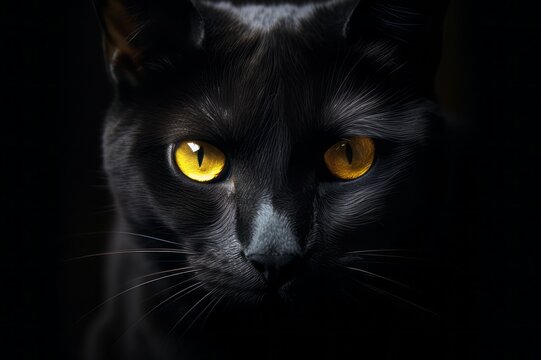 Headshot Portrait Of A Black Cat Looking At The Camera. With Generative AI Technology