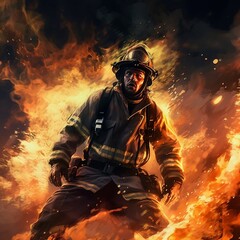 Brave Firefighter in an Epic Universal Firefight. Generative AI