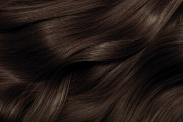 Fototapety  Brown hair close-up as a background. Women's long brown hair. Beautifully styled wavy shiny curls. Hair coloring. Hairdressing procedures, extension.
