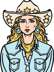 Cowgirl in hat and jeans shirt. American country and wild west concept. Western girl or woman. Vector art in comic style.