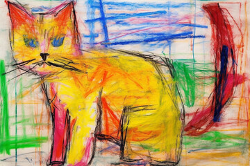 Fototapeta na wymiar cat, children's drawing style, created by a neural network, Generative AI technology
