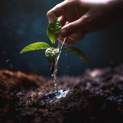 Close-Up of Hand Watering the Sapling of the Plant. AI