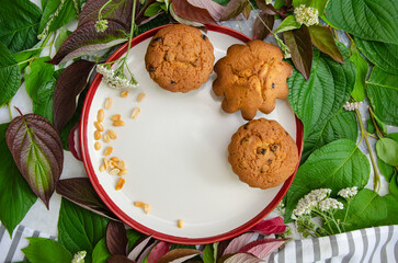 Muffins and peanuts on a ceramic plate, with green and red plant leaves and wild flowers on cotton tablecloth. Mock up. Template for recipes or food menu