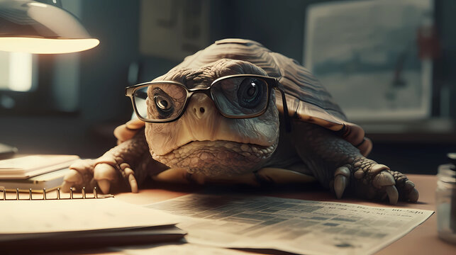 A slow businessman boss, turtle with glasses is  at an office desk. 
Generative AI.