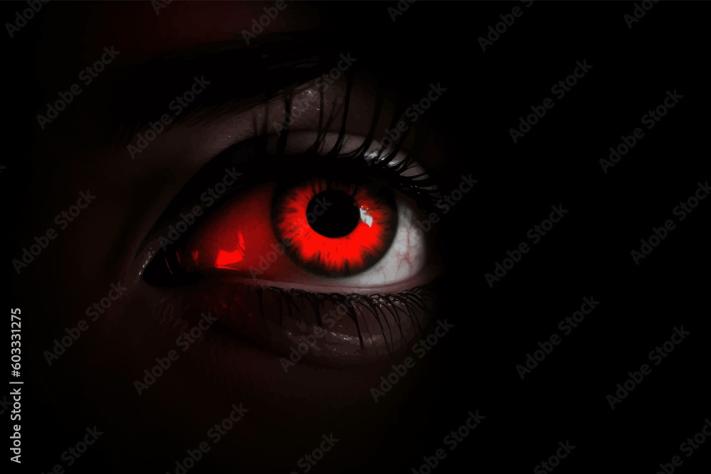 Wall mural woman's red eye in the dark. piercing eyes. burning demonic eyes. copy space. close up. 3d digital i