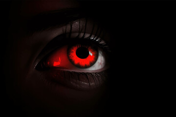 Woman's red eye in the dark. Piercing eyes. Burning demonic eyes. Copy space. Close up. 3D digital illustration - obrazy, fototapety, plakaty