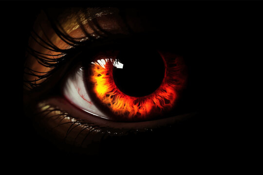 Woman's red eye in the dark. Piercing eyes. Burning demonic eyes. Copy space. Close up. 3D digital illustration