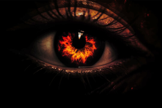 Woman's red eye in the dark. Piercing eyes. Burning demonic eyes. Copy space. Close up. 3D digital illustration