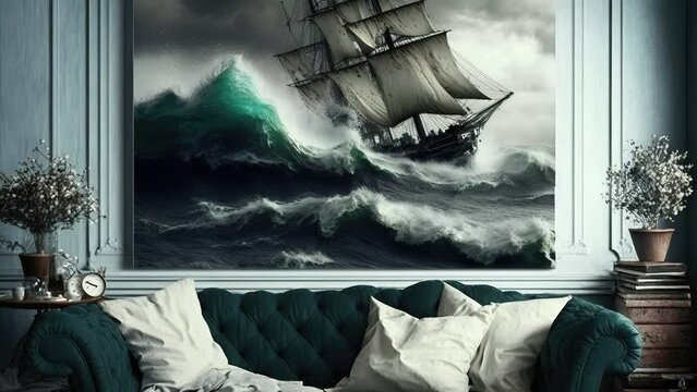 living room with picture of sail ship in motion