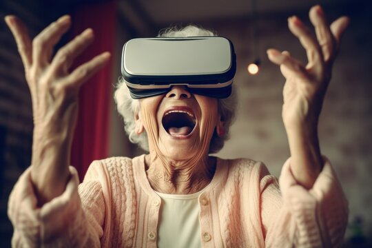 Elderly woman wearing a VR headset, expressing wonder and joy, showcasing the excitement of technology and innovation in later life, generative ai