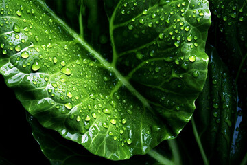 Detailed shot of a fresh cabbage leaf covered in morning dew.