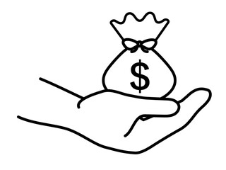 お金の入った袋を指しだす手（褒賞、報酬、賞金などのイメージ）・白黒