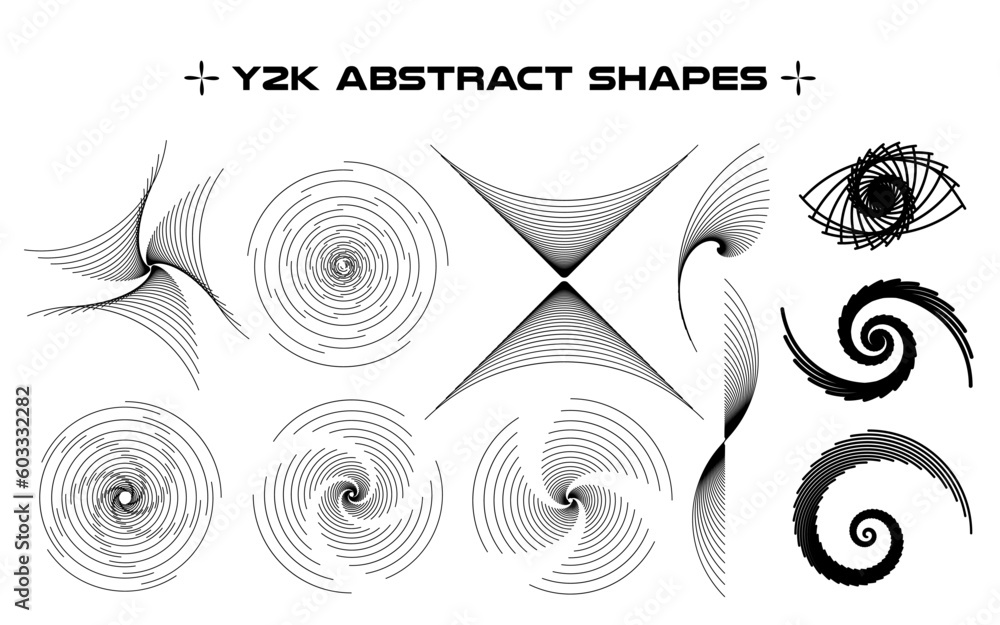 Poster Set of abstract aesthetic y2k geometric elements and wireframe shapes. Black and white retro line design elements. Vector illustration for social networks or posters. EPS 10	