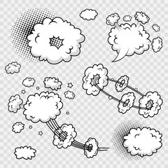 Funny balloons in pop art style. Comic background with speed clouds. Sky air banner. Cartoon bomb explosion. Retro frame with smoke shapes and wind. Speech bubble element. Vector illustration.