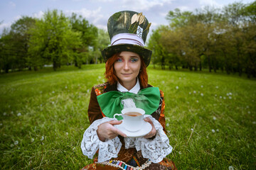 Beautiful woman as mad hatter with hats in nature - obrazy, fototapety, plakaty