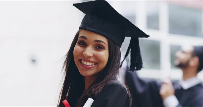 Smile, graduation and face of woman in college for learning, scholarship and future. Diploma, knowledge and university with portrait of student for academy event, education certificate and pride