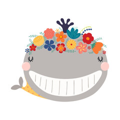 Cute funny whale in floral wreath, t-shirt. Hand drawn cartoon character illustration. Scandinavian style flat design, isolated vector. Kids print element, flower crown, summer blooms, blossoms